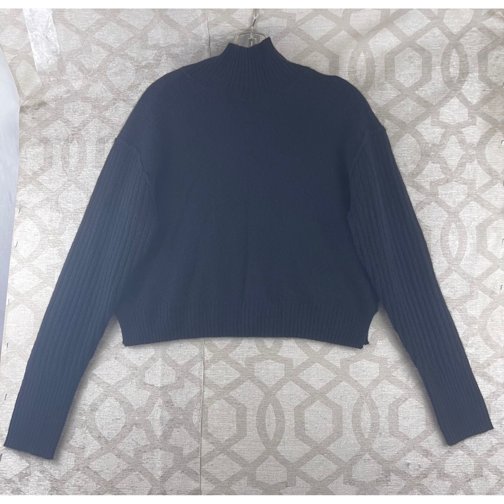 Free People Womens Mock Neck Cropped Sweater‎ Black Ribbed Sleeve XS OB1122851